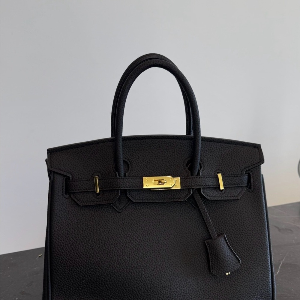 Black Leather Top-Handle Satchel with Gold Hardware